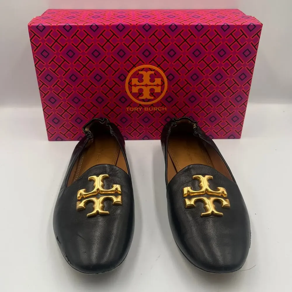Tory Burch Loafers Flats Shoes Eleanor Double T Logo Leather Black Size 6.5M